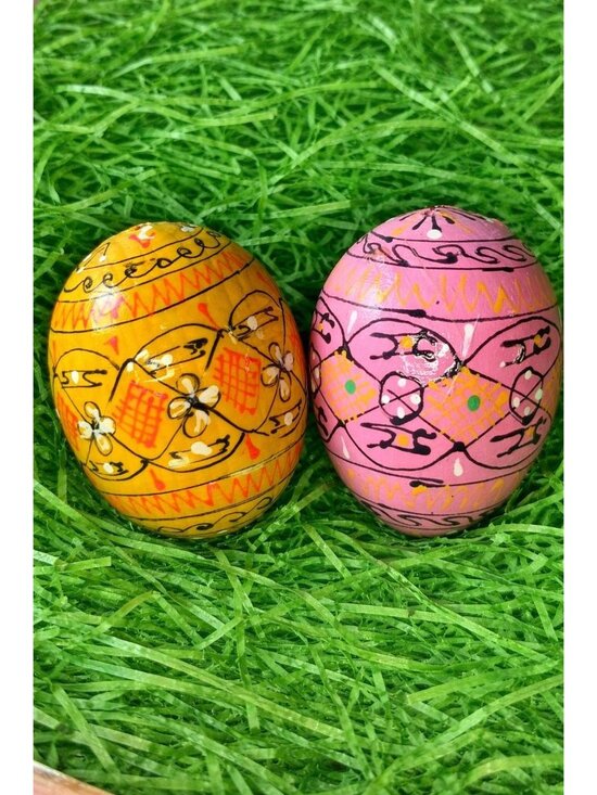 Unknown Other - Hand Painted Blown Eggshell Easter Eggs Folk Art Pink Yellow 2.5" Set Of 2